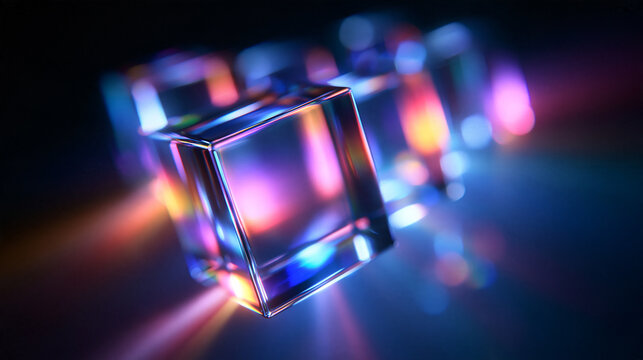 Futuristic Glowing Crystal Glass Cubes with Rainbow Prism Light