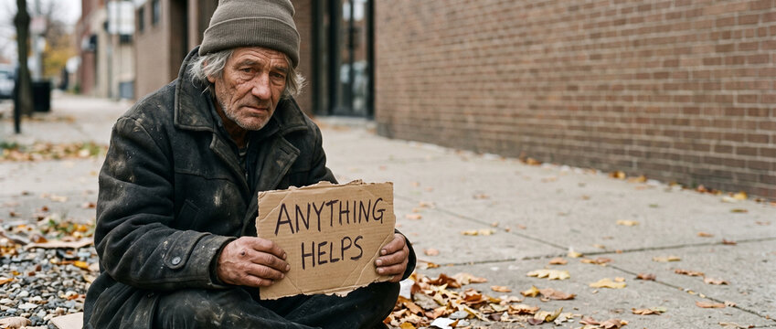 Homeless man in worn coat and hat sitting on sidewalk holding cardboard sign with text anything helps. Elderly bearded beggar on autumn city street among fallen leaves.