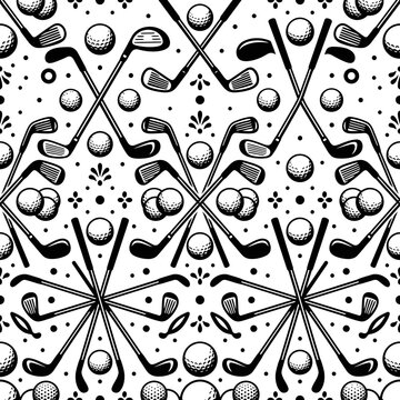 Seamless Pattern Of Golf Clubs And Balls In Black And White
