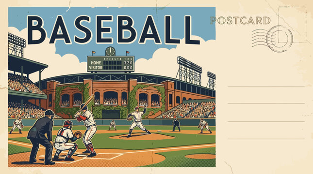 Retro Baseball Game Action On Vintage Postcard