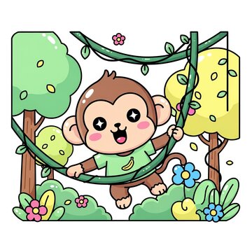 Cute cartoon monkey swinging on a vine in the jungle.