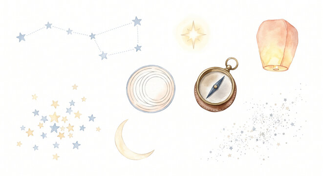 北斗七星と北極星の星図 クリップアート 水彩