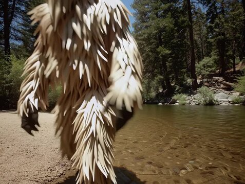 Bigfoot walking in river in forest