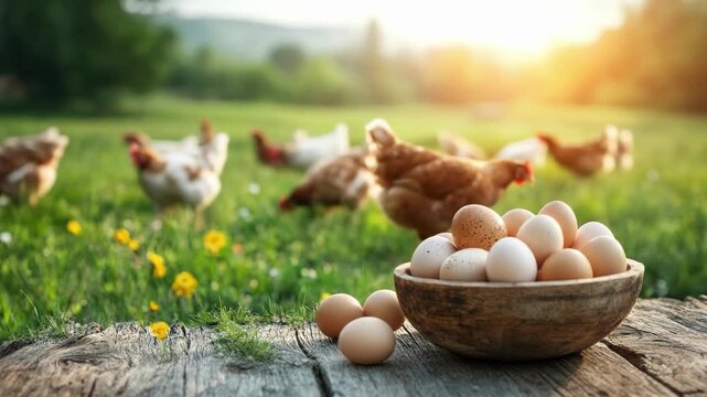 Fresh farm eggs in wooden bowl on rustic table with free-range chickens in background. Easter, Pascha, Paskha, Ostern, Pascua, Paques - Orthodox and Catholic Holiday celebration