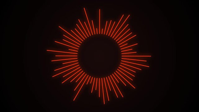 Audio visualizer spectrum analyzer loop featuring glowing red circular sound wave frequency bars reacting rhythmically on a dark background for music video production and electronic concert visuals