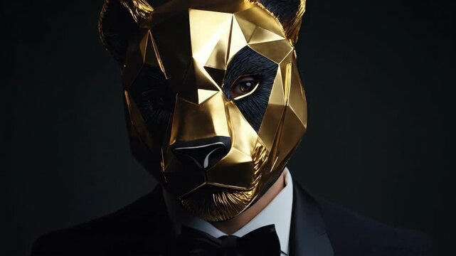 Golden bear mask on man in tuxedo against dark background