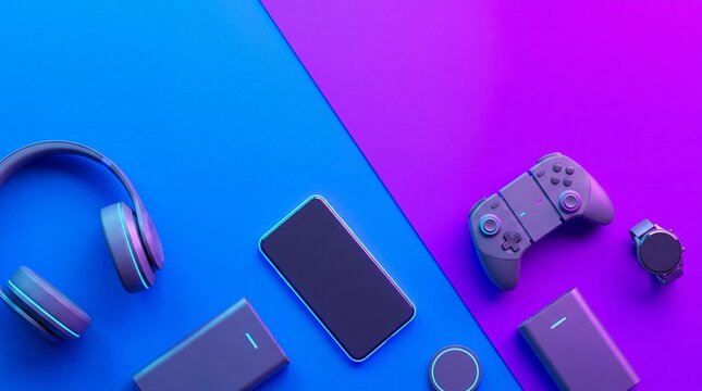 Flat lay of modern smart devices and gaming gadgets on a vibrant neon blue and purple background