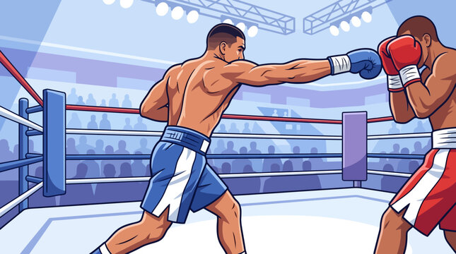 Intense Boxing Match Between Two Athletes In A Championship Arena