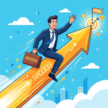 Man Riding Arrow Of Success Towards Goal In Sky
