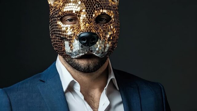 Man wearing gold leopard mask in suit against dark background