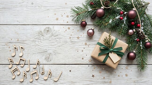 Christmas background with wrapped gift box and wooden music notes on light rustic wooden surface