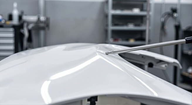 Paintless dent removal process on a glossy white car panel. Professional metallic tool repairing auto body damage in workshop