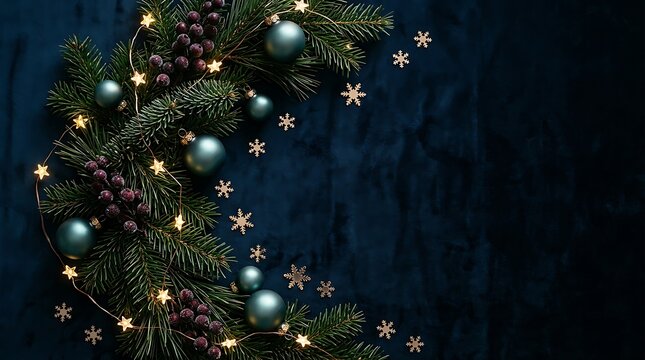 Christmas composition with pine branches blue baubles and glowing star lights on a dark blue background