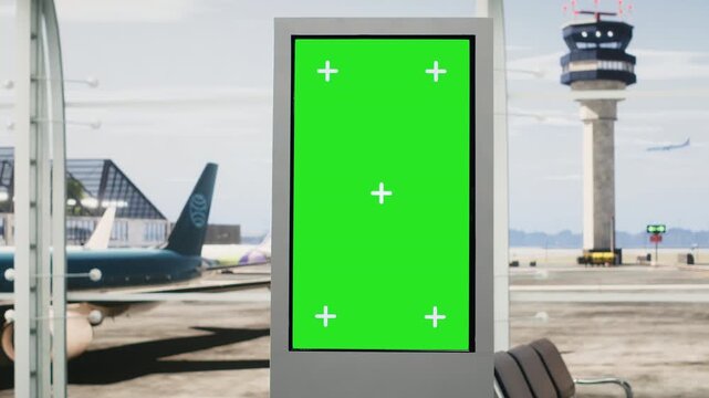 Isolated green screen on board in empty waiting lounge at airport, departure area with runway and no people present, highlighting air travel concept with gates.