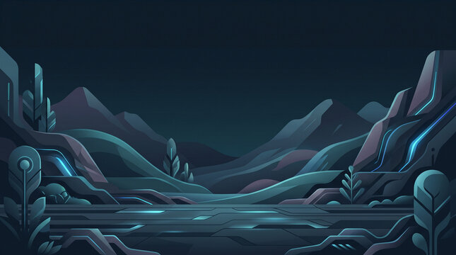 Abstract Pixel Art Landscape With Dark Mountains And Glowing Blue Neon Foliage In A Mysterious Night Atmosphere With Retro Video Game Aesthetic Style