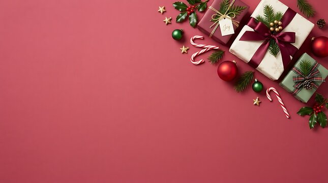 Flat lay christmas composition with gift boxes and festive decorations on a red background