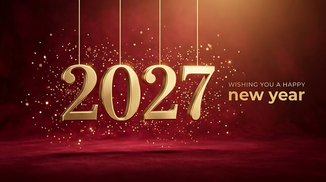 Golden 2027 numbers hanging with sparkles on a rich red background for happy new year celebration