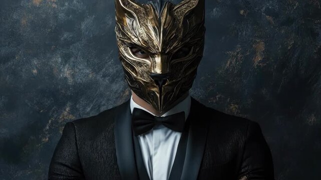 Mysterious man in black tuxedo with golden mask against dark background