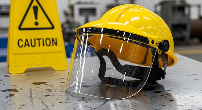 A yellow hard hat with a face shield sits on a table next to a caution sign in an industrial setting for the concept of workplace safety and protection.