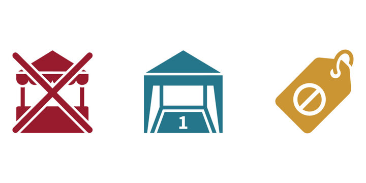 Set of three modern solid-fill vector icons for market vendor regulations, featuring unauthorized vendor prohibition, space allotment, and fixed pricing symbols.