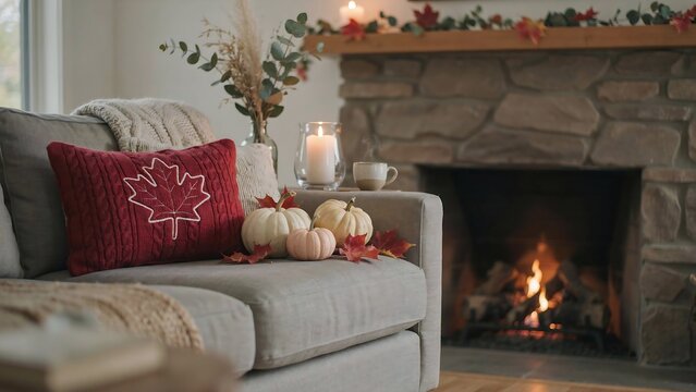 Living room setting with a stone fireplace and a red pillow with a white maple leaf
