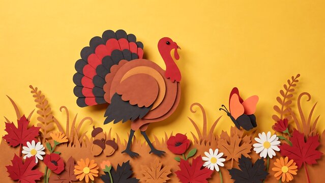 Paper craft turkey with autumn leaves and butterfly on a yellow background for thanksgiving