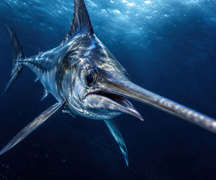 Swordfish Close Up Approaching Camera in Deep Blue Ocean