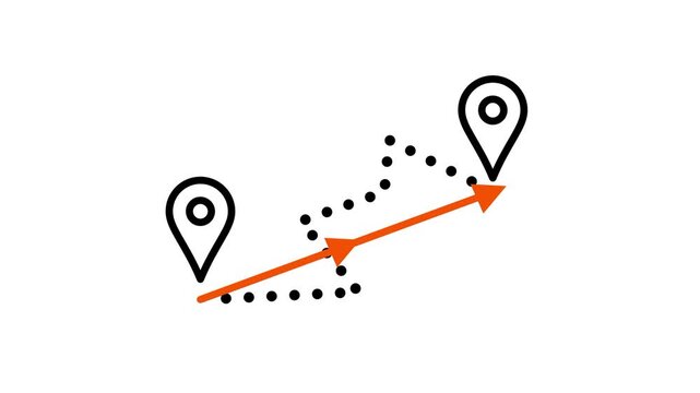 Dotted path lines with location pin markers depict navigation and distance tracking vectors