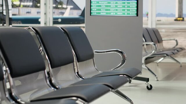 Empty airport lounge with a digital flight information screen showing boarding times and gate numbers, while rows of seats remain empty in the waiting area.