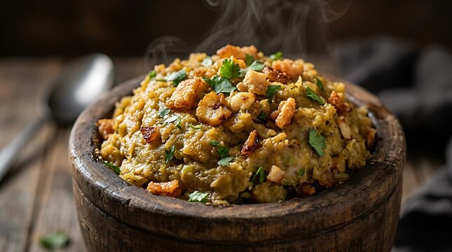 Fresh delicious taco filling served in a rustic stone bowl on a dark wooden table background. Mofongo recipe