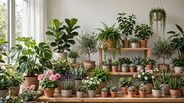 Loja de plantas brilhante e verde com vasos de todos os tamanhos
