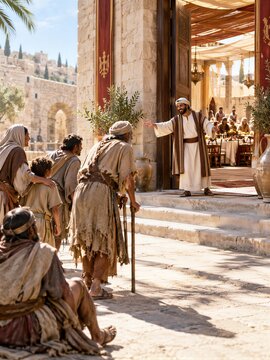 A servant inviting the poor and lame to a great banquet, illustrating biblical parable, hospitality, compassion, and inclusivity in the ancient Near East.