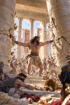 Samson pushing apart massive pillars in an ancient Philistine temple, a moment of divine power, strength, and biblical destruction.
