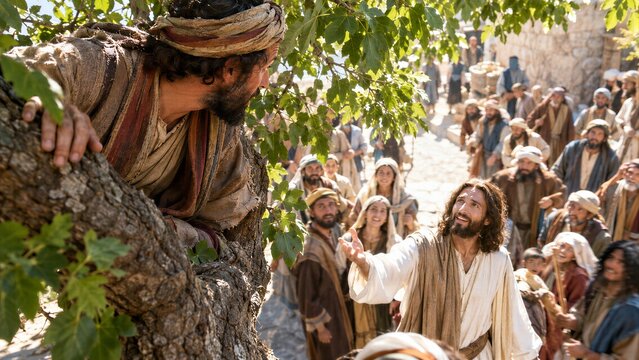 Zacchaeus peering down at Jesus Christ from a sycamore tree in ancient Jericho, a moment of biblical redemption, salvation, and curiosity.
