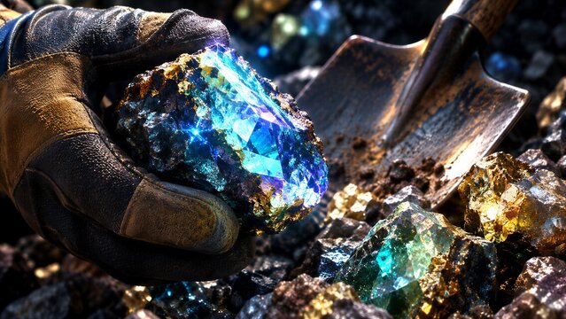 Glowing Rare Earth Minerals and Critical Materials found in a Mining Site, with a shovel and glove, symbolizing gemstone extraction and subterranean resources.