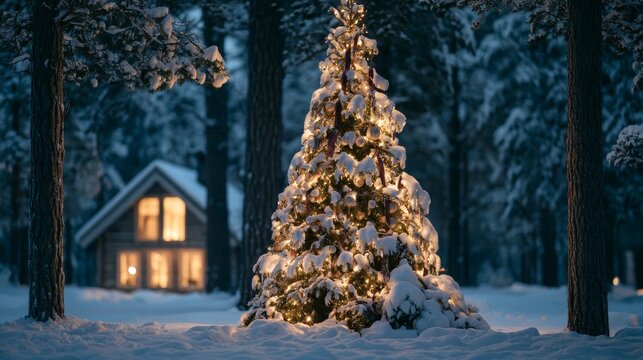 Snow-covered Christmas tree with lights