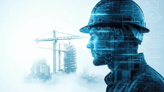 Caucasian man engineer overseeing construction site with digital overlay