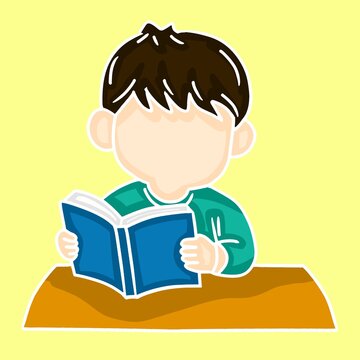 Cute boy studying reading book and writing illustration. Colorful cartoon student sticker studying at desk for school education, print, and kids design.Cute boy studying reading book and writing illus