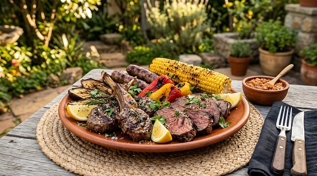 Grilled lamb chops with roasted vegetables and corn on a rustic wooden table in a garden setting. Braai food platter