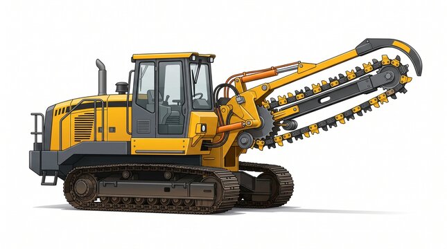 Industrial Yellow Chain Trencher Heavy Construction Machinery for Excavation Projects and Infrastructure Development Isolated on White