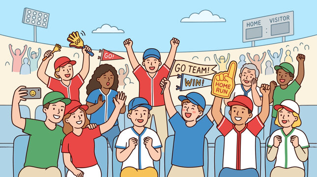 Excited Baseball Fans Cheer During A Game With Flags And Foam Fingers