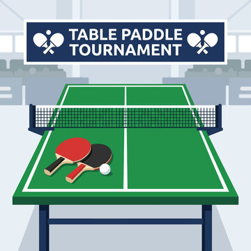 Exciting Table Paddle Tournament Event Scene With Rackets And Ball