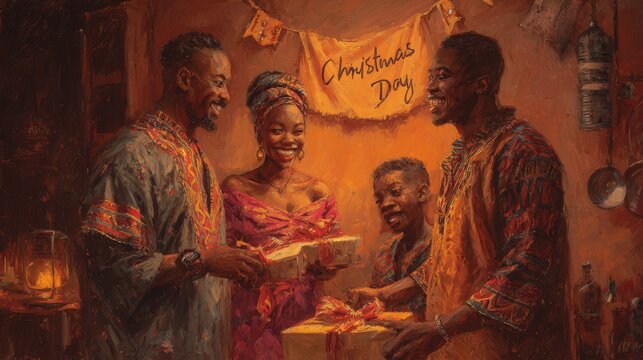 A joyful family exchanging gifts during a warm indoor celebration with festive decorations