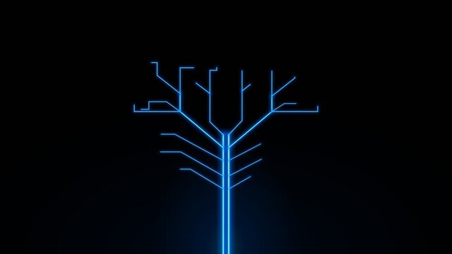A neon blue glowing circuit board pattern in the shape of a stylized tree branch centered against a solid dark black backdrop.