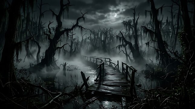 Wooden bridge path through a dark gloomy swamp at night under a full moon with hanging moss