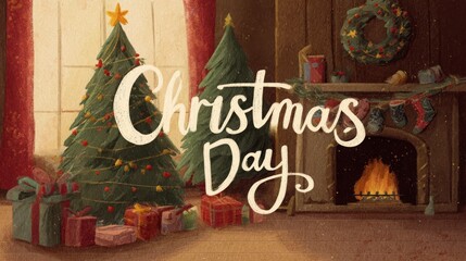 Obraz premium Illustrated cozy living room with decorated pine trees and fireplace for christmas celebration