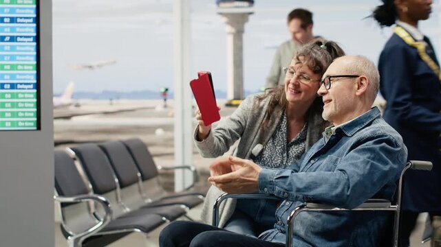 Old man in wheelchair takes photos with his wife in the airport lounge while waiting for priority boarding, enjoying travel and adventure during retirement.