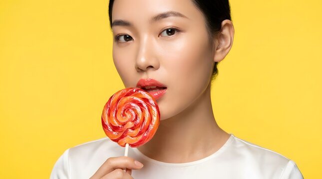 Young Asian Woman with Lollipop on Yellow Background