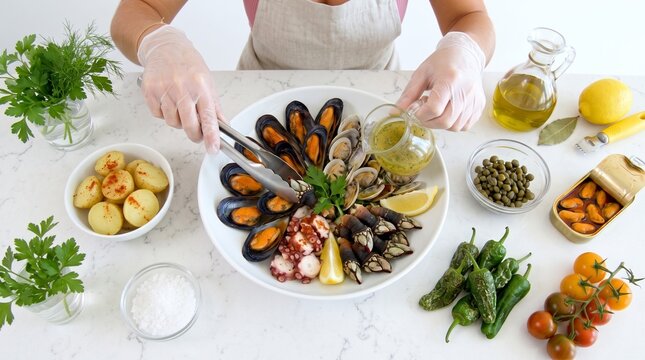 Top View of Chef Hands Arranging Grand Luxury Seafood Platter. Luxury Seafood Restaurant and Raw Bar Catering Banner with Copy Space