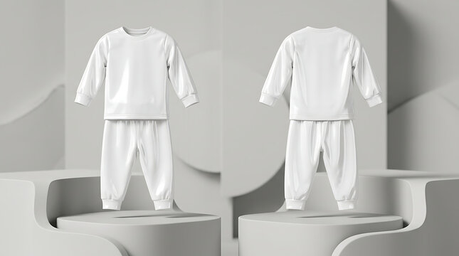 Two-Piece White Pajama Set for Toddlers Featuring a Long-Sleeved Top and Elastic Waist Pants Displayed on Minimalist Pedestals
